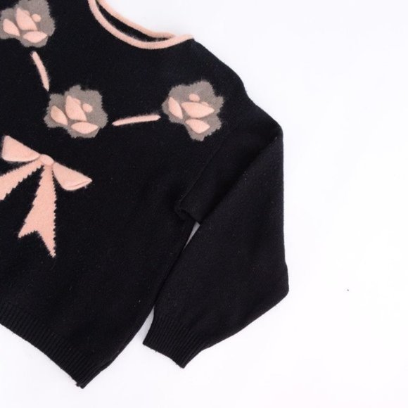 80% Lambswool Black Crewneck Peachy Bow & Floral Design Sweater Med - Picture 6 of 10